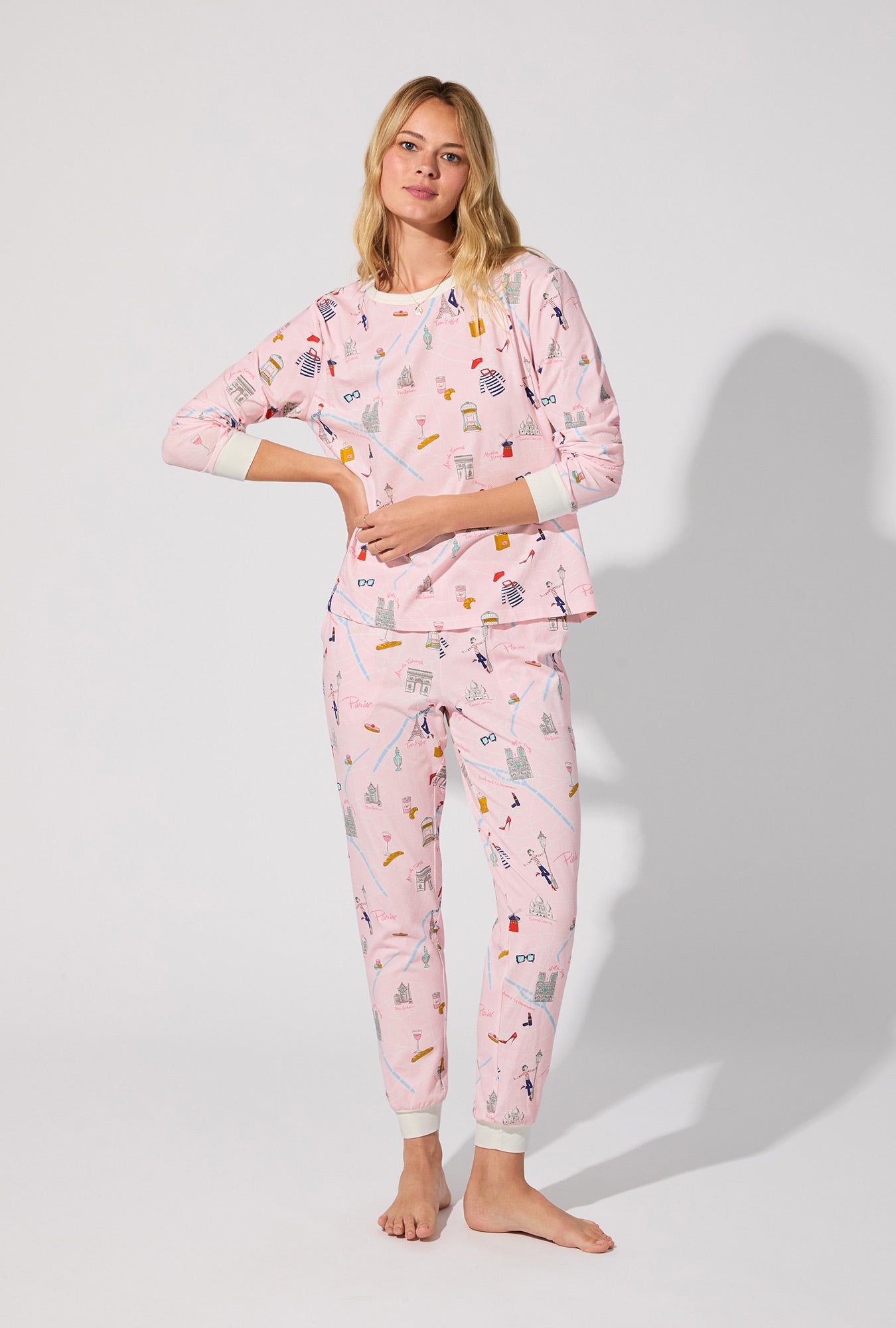 48 Hrs In Paris  Long Sleeve Pullover Crew and Jogger Stretch Jersey PJ Set