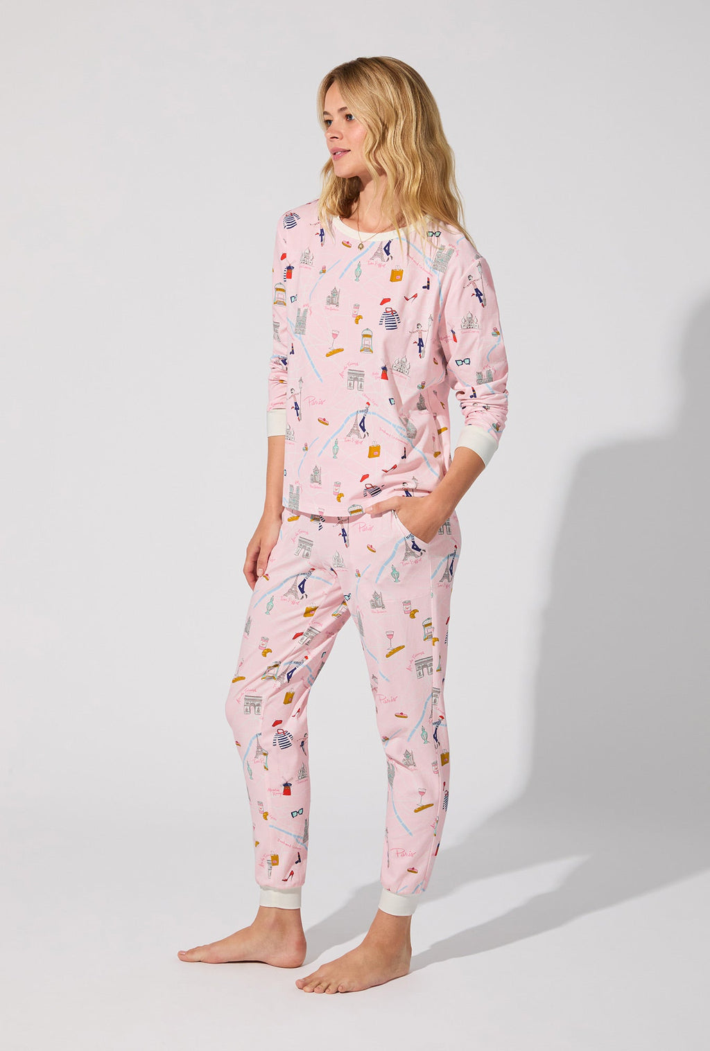 48 Hrs In Paris  Long Sleeve Pullover Crew and Jogger Stretch Jersey PJ Set