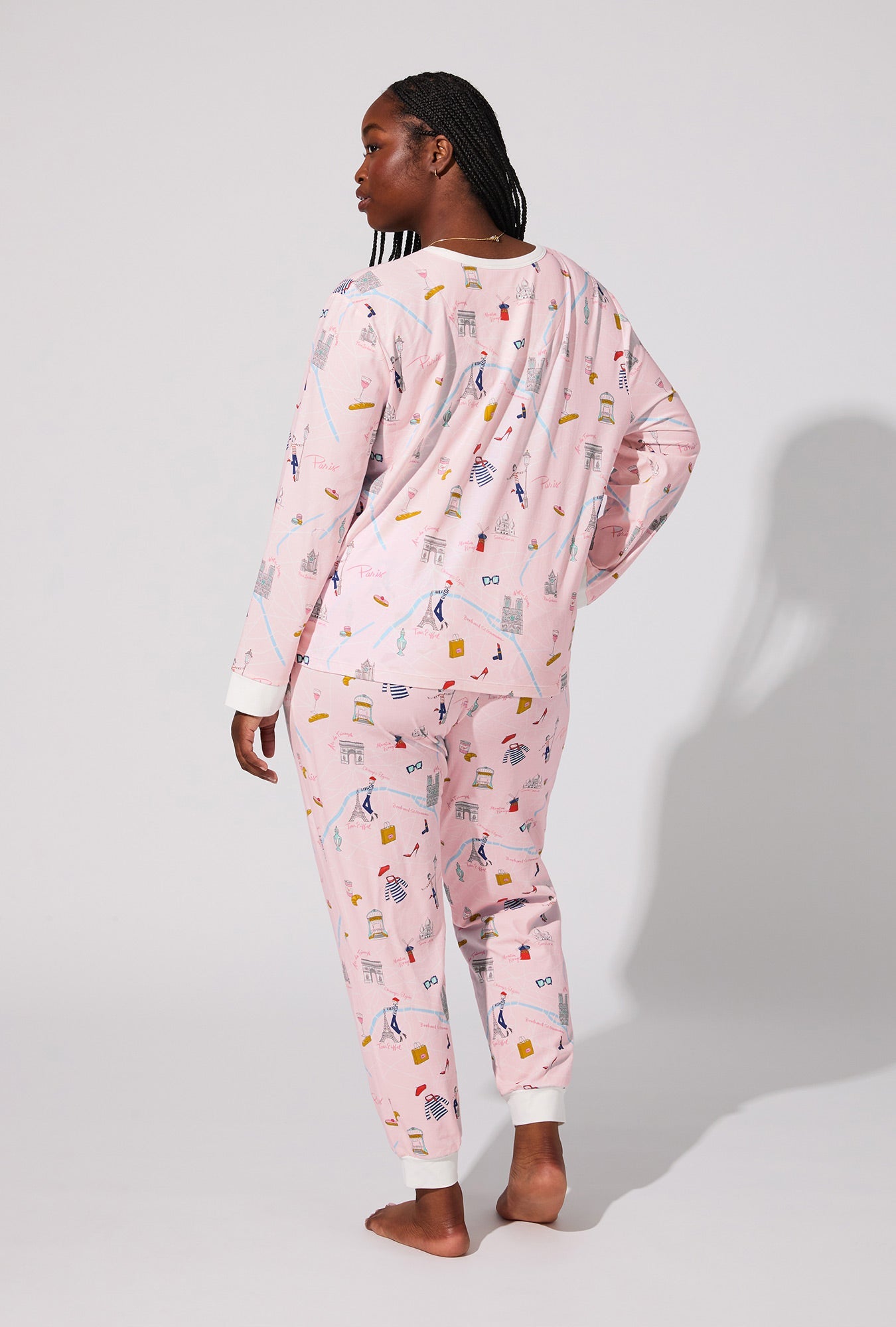 48 Hrs In Paris  Long Sleeve Pullover Crew and Jogger Stretch Jersey PJ Set