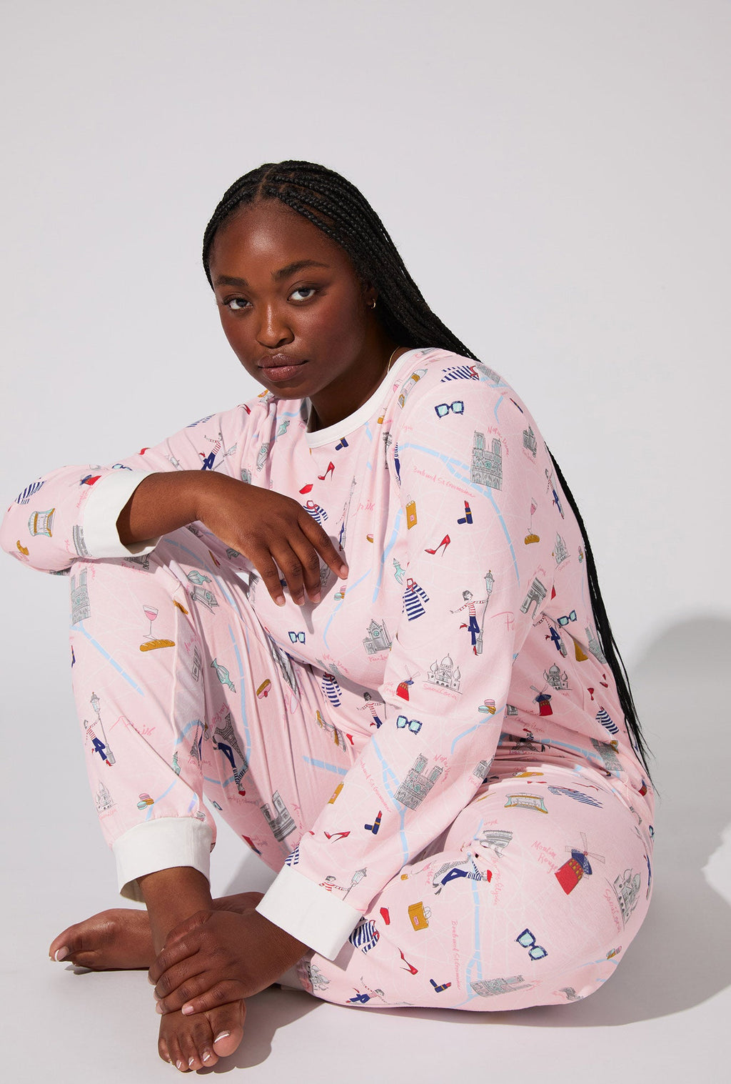 48 Hrs In Paris  Long Sleeve Pullover Crew and Jogger Stretch Jersey PJ Set