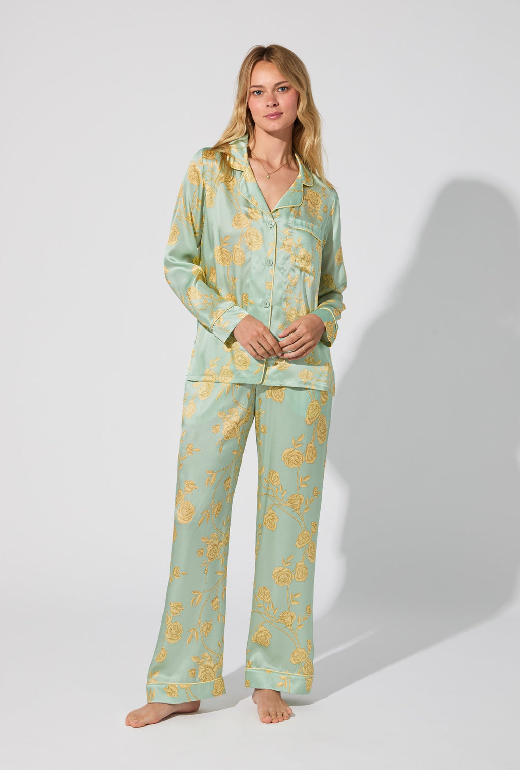 Royal Roses Long Sleeve Classic Woven Washable Silk Satin PJ Set