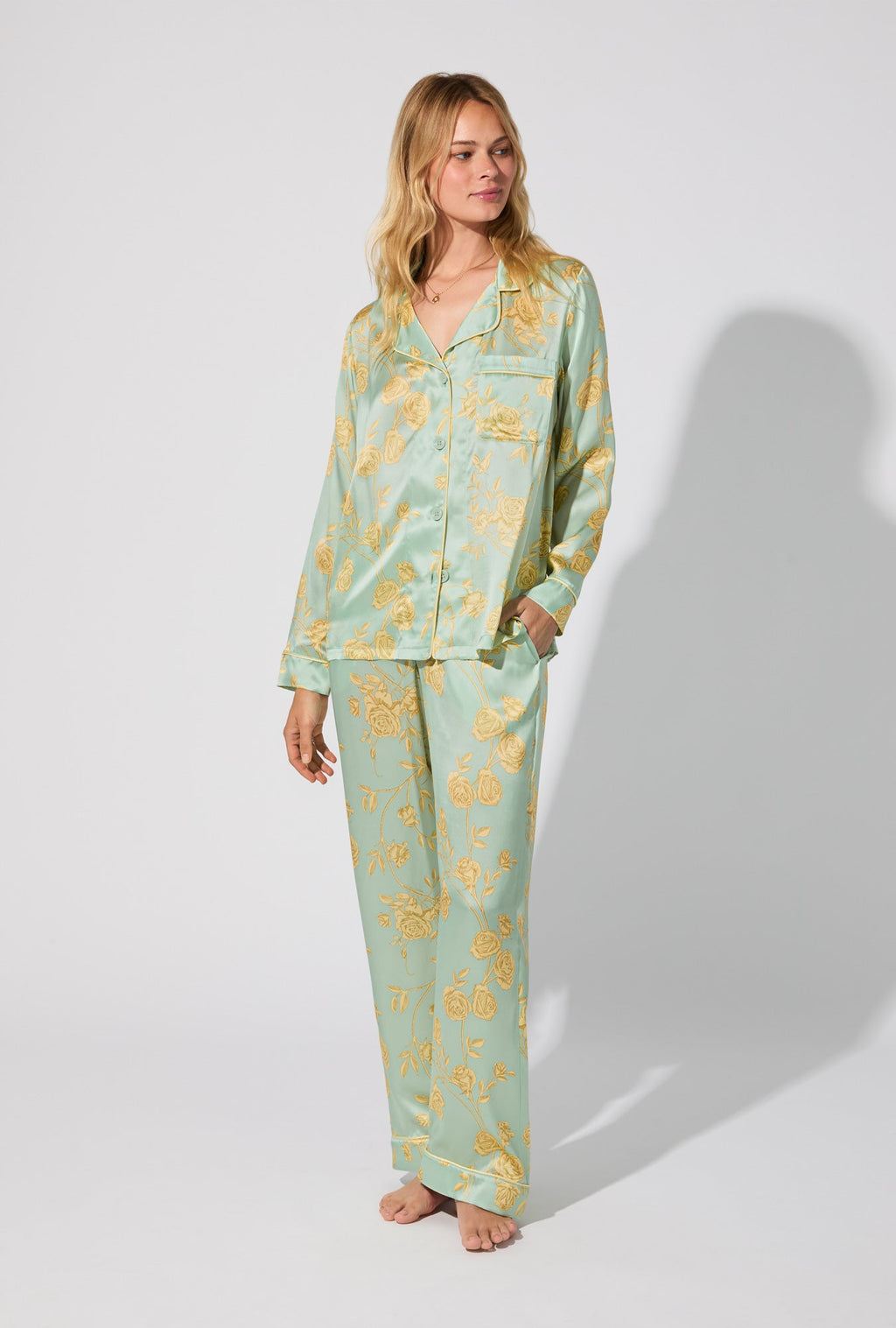 Royal Roses Long Sleeve Classic Woven Washable Silk Satin PJ Set