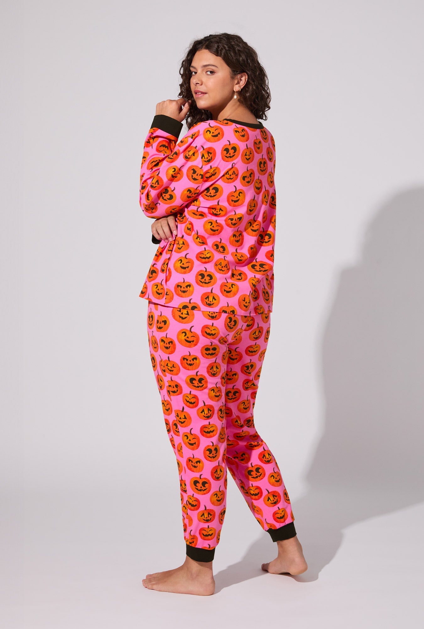 Jolly Jack-O-Lanterns Long Sleeve Pullover Crew and Jogger Stretch Jersey PJ Set