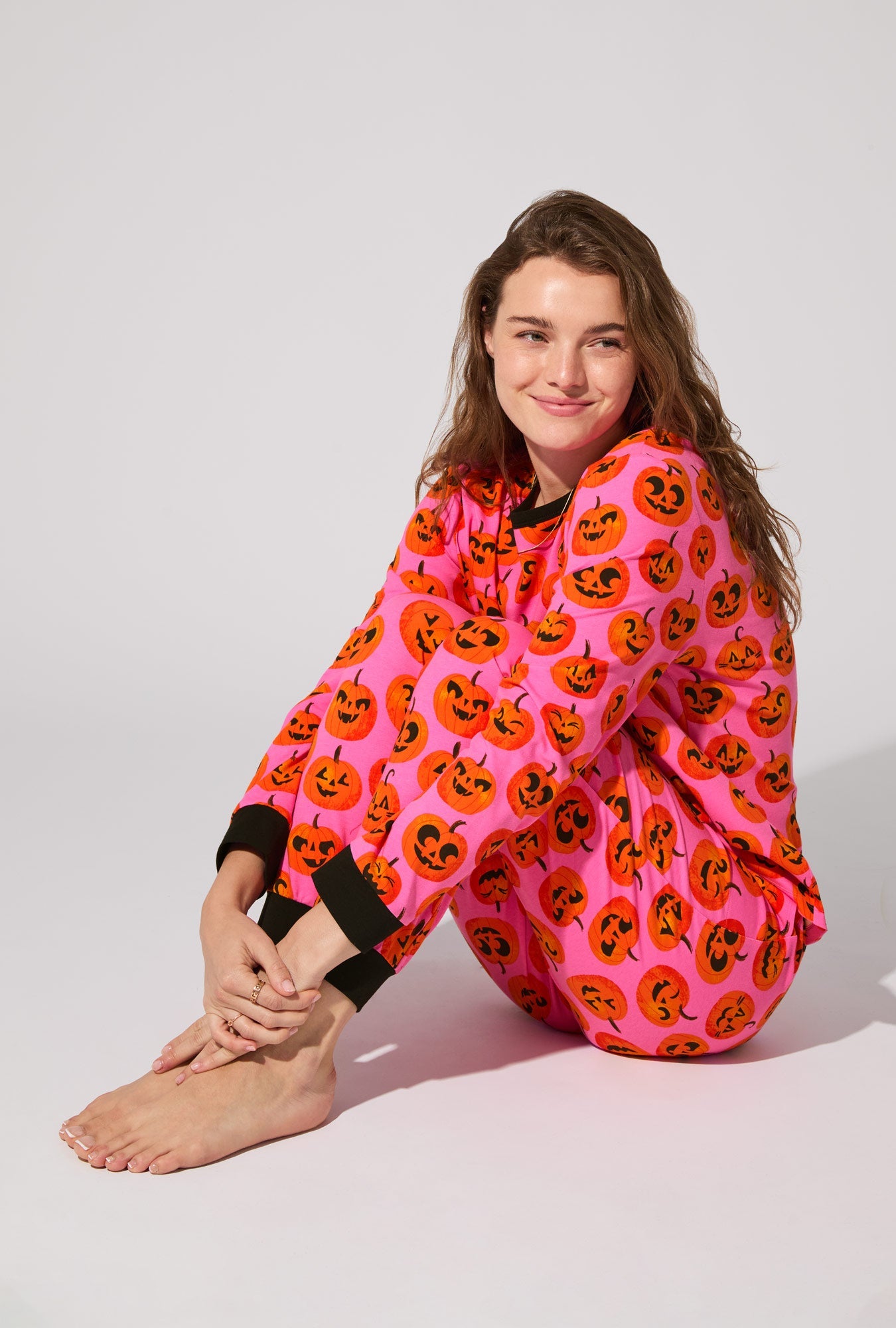 Jolly Jack-O-Lanterns Long Sleeve Pullover Crew and Jogger Stretch Jersey PJ Set