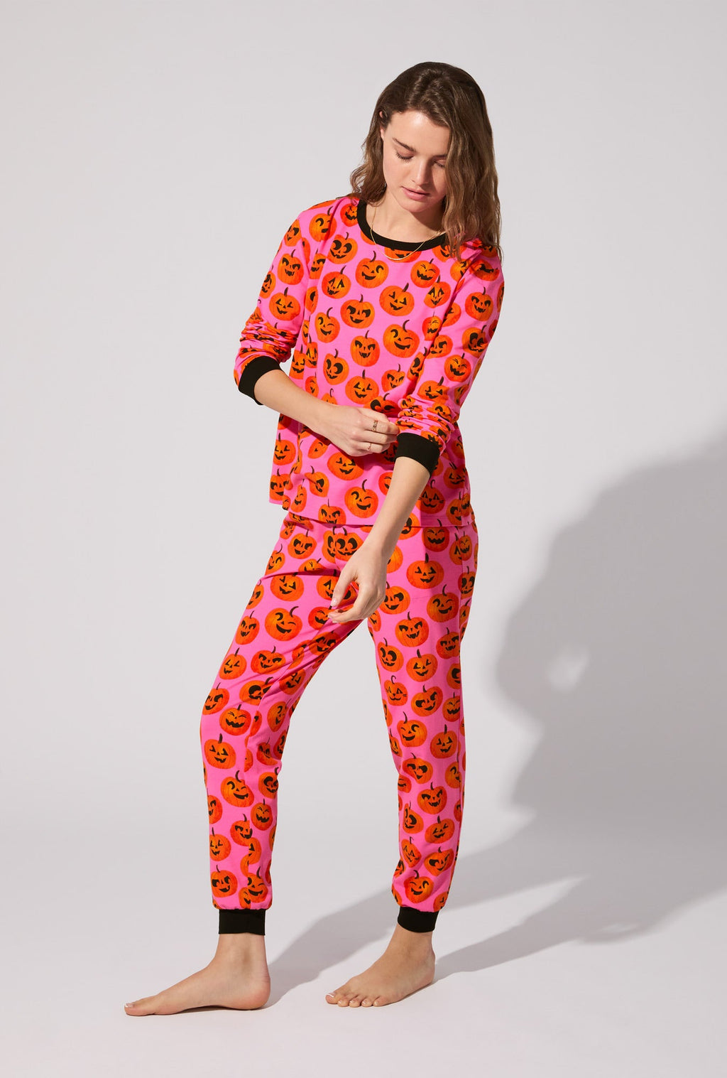 Jolly Jack-O-Lanterns Long Sleeve Pullover Crew and Jogger Stretch Jersey PJ Set