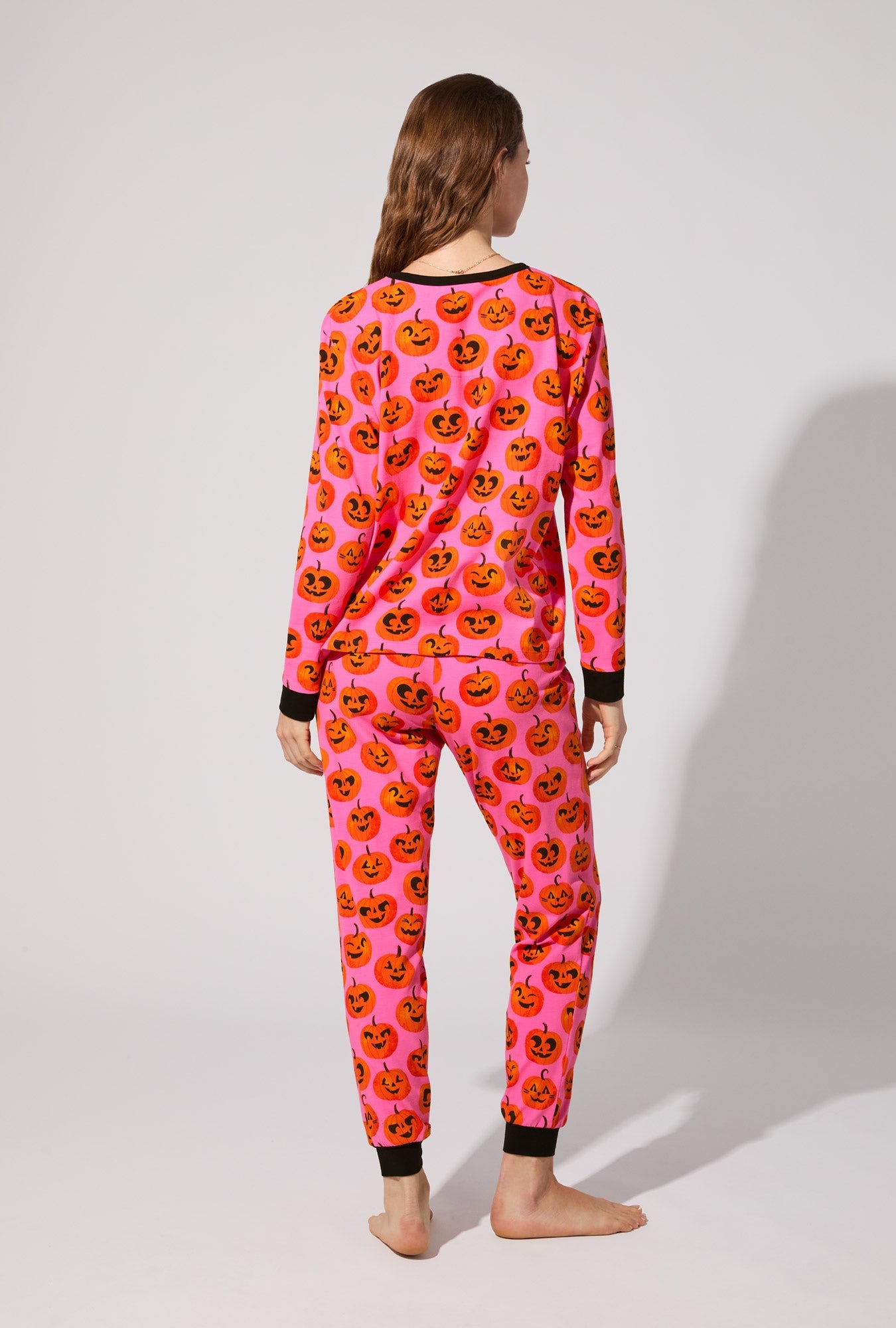 Jolly Jack-O-Lanterns Long Sleeve Pullover Crew and Jogger Stretch Jersey PJ Set