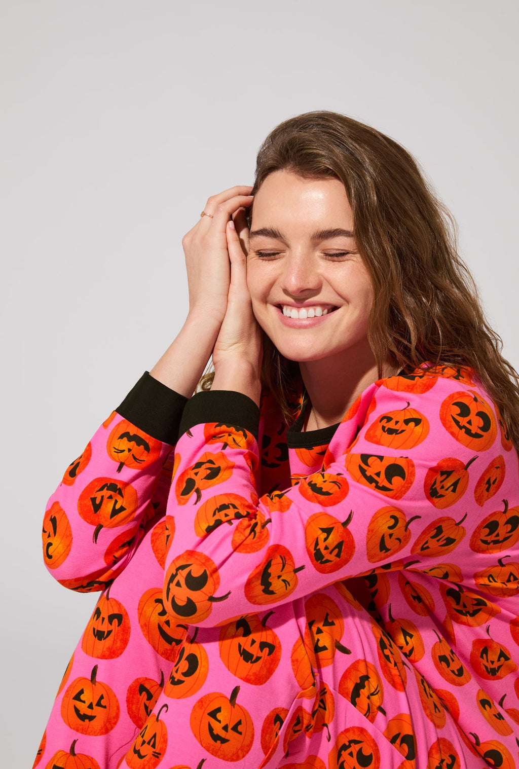 Jolly Jack-O-Lanterns Long Sleeve Pullover Crew and Jogger Stretch Jersey PJ Set