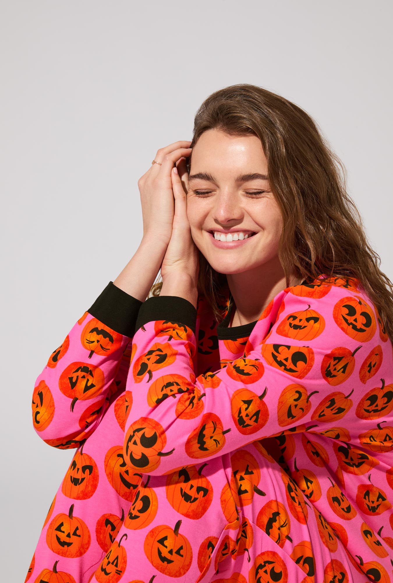 Jolly Jack-O-Lanterns Long Sleeve Pullover Crew and Jogger Stretch Jersey PJ Set
