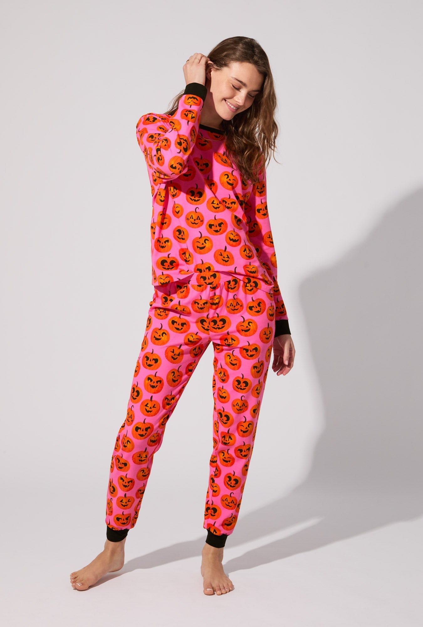 Jolly Jack-O-Lanterns Long Sleeve Pullover Crew and Jogger Stretch Jersey PJ Set