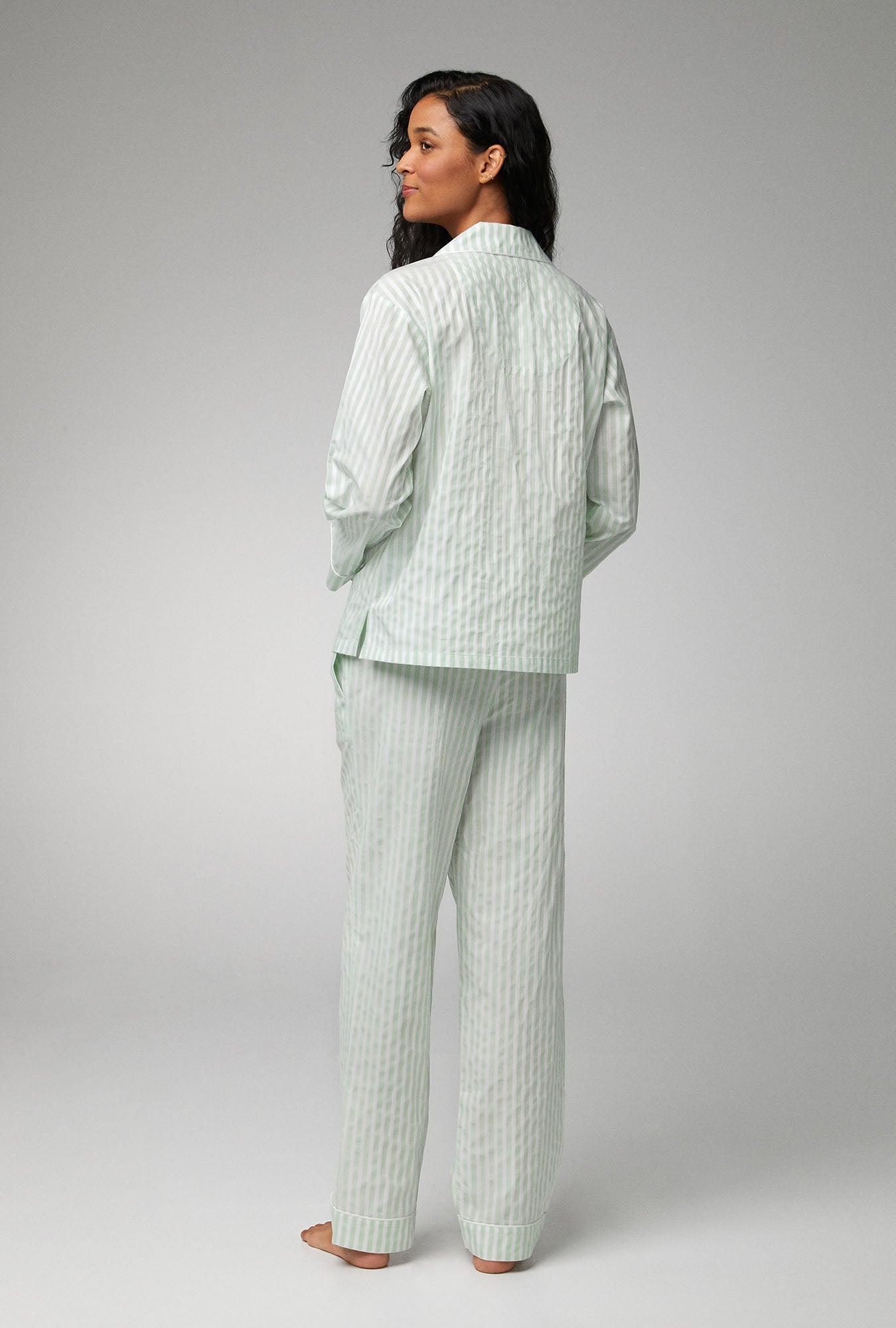 Mint 3D Stripe Long Sleeve Classic Woven Cotton Sateen PJ Set