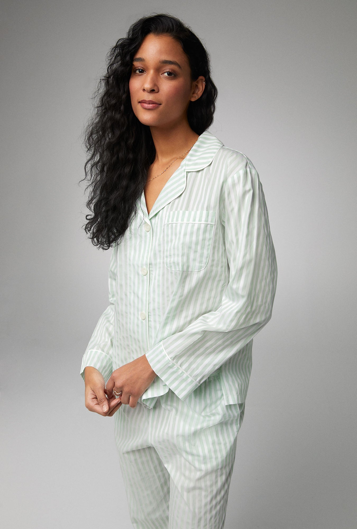 Mint 3D Stripe Long Sleeve Classic Woven Cotton Sateen PJ Set