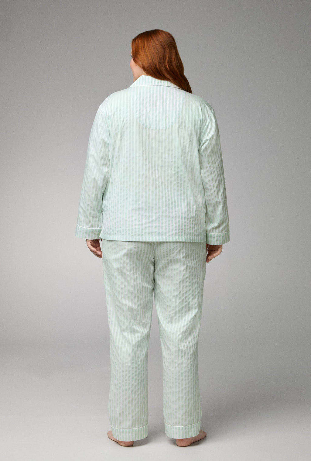 Mint 3D Stripe Long Sleeve Classic Woven Cotton Sateen PJ Set