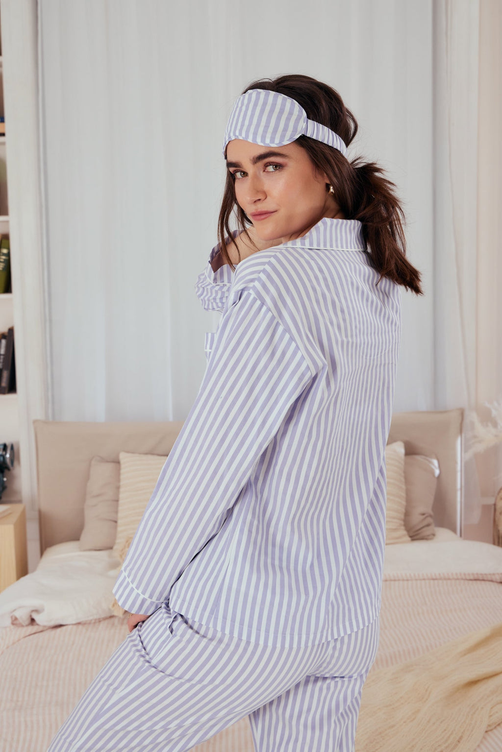 Blue 3D Stripe Long Sleeve Classic Woven Cotton Sateen PJ Set