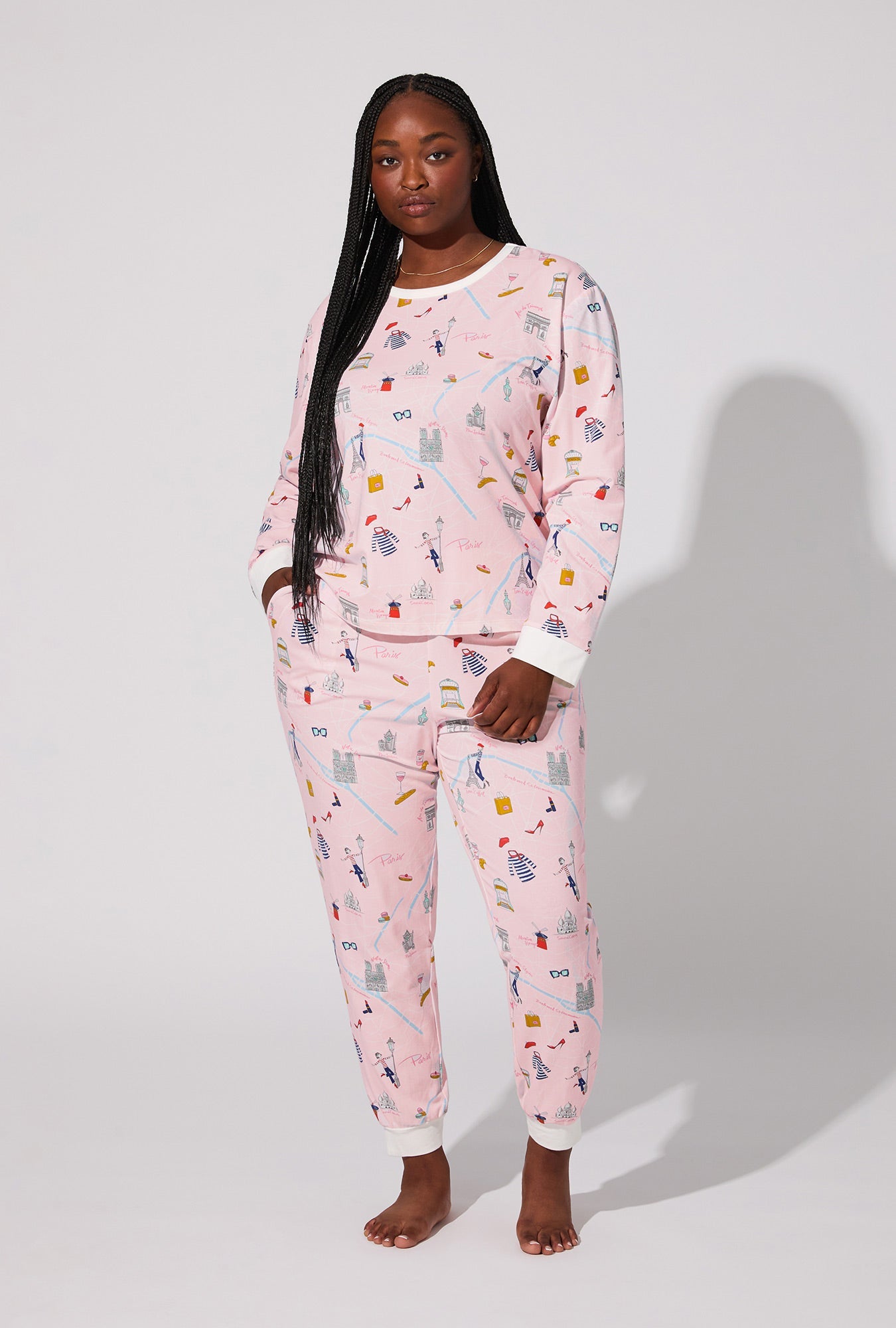 48 Hrs In Paris  Long Sleeve Pullover Crew and Jogger Stretch Jersey PJ Set