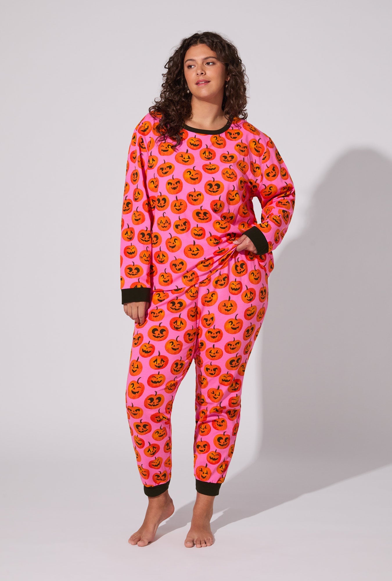 Jolly Jack-O-Lanterns Long Sleeve Pullover Crew and Jogger Stretch Jersey PJ Set