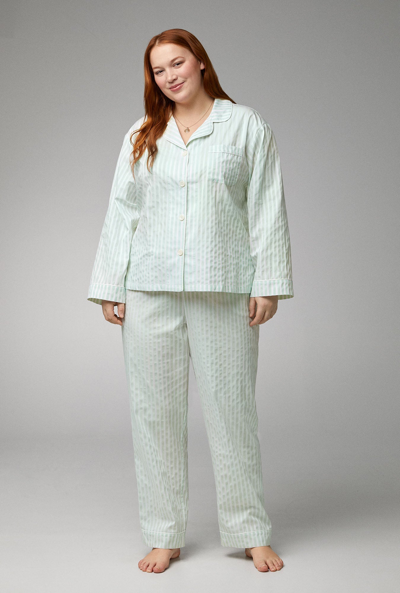 Mint 3D Stripe Long Sleeve Classic Woven Cotton Sateen PJ Set